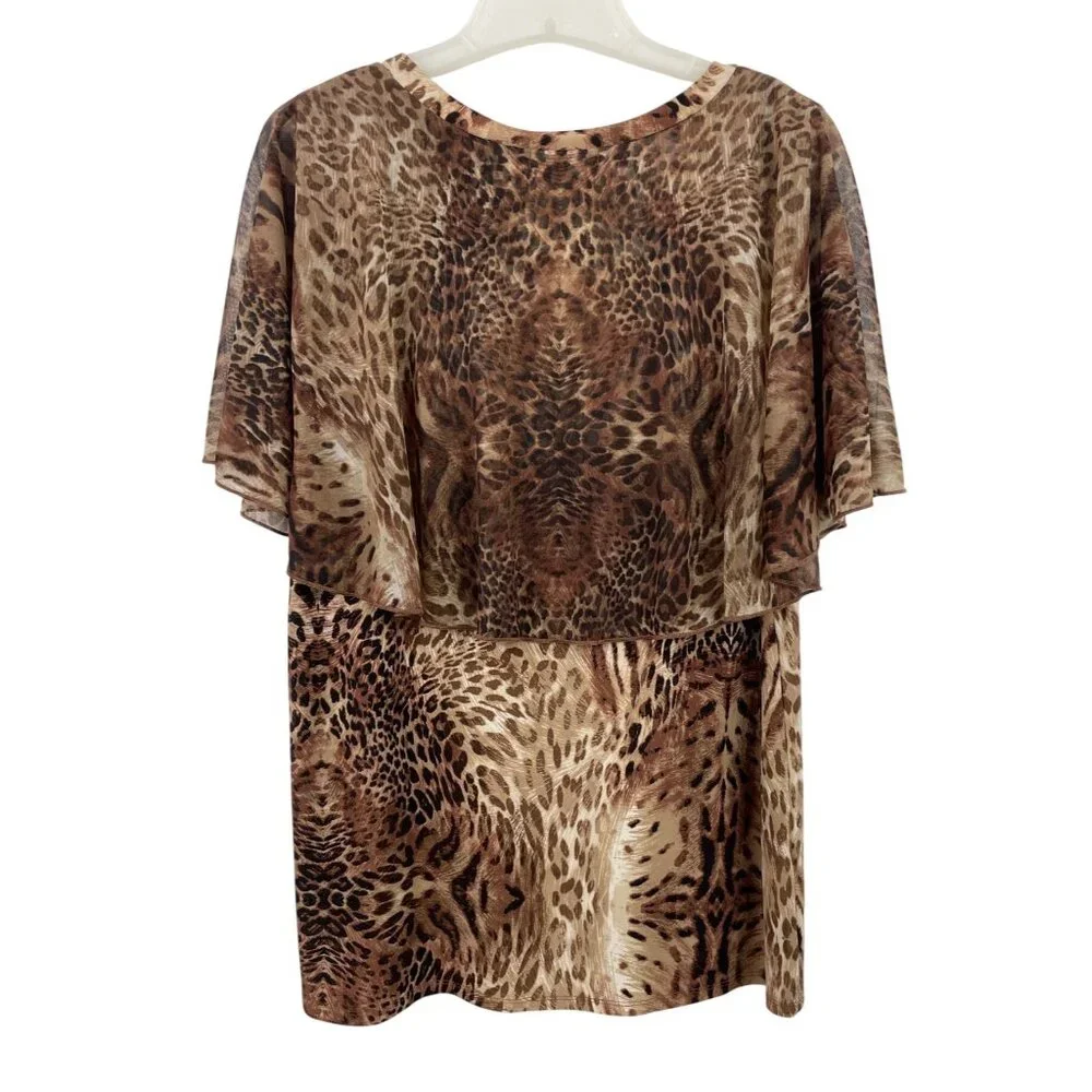 Susan Lawrence Women Blouse XL Brown Animal Print Sheer Overlay Shirt - Picture 4 of 8